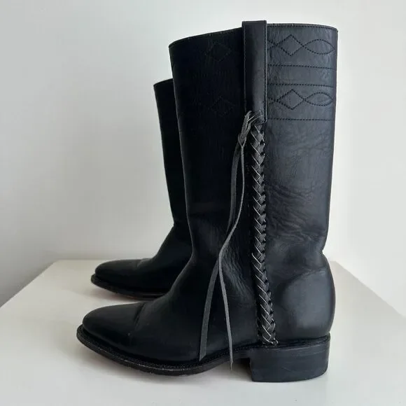 German Botas Leather Boots Size 25 Black Braided Fringe Riding Marching Stitch